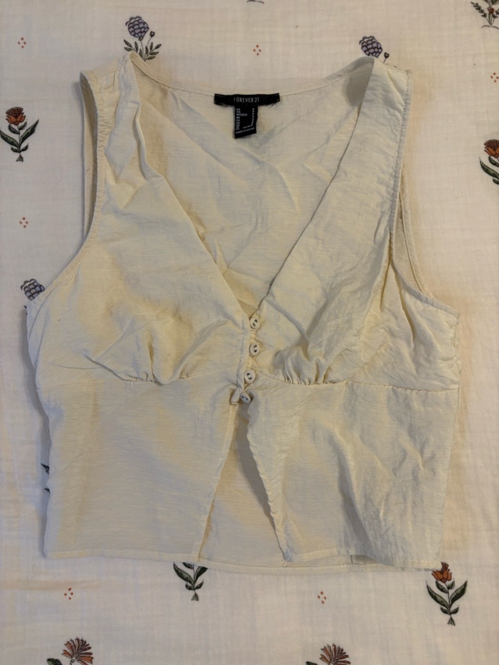 Forever 21 Cream Button-Front Cropped V-Neck Tank